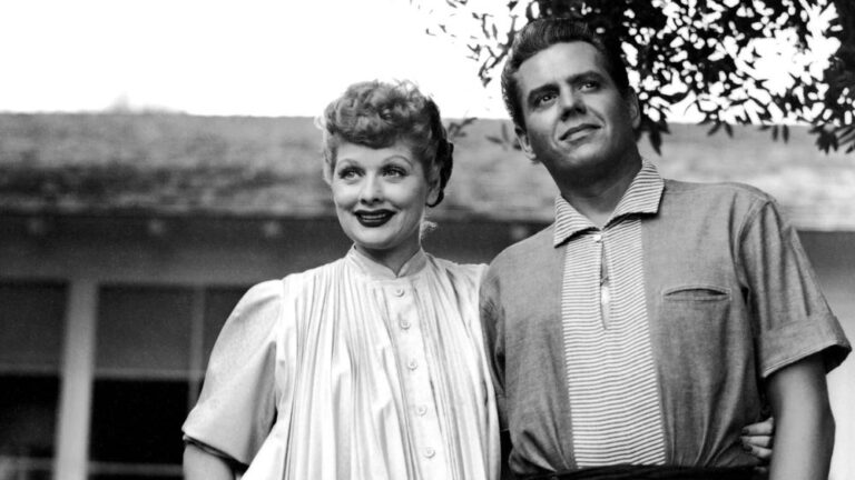 A black and white photo of Lucille Ball and her husband Desi from, "I Love Lucy"