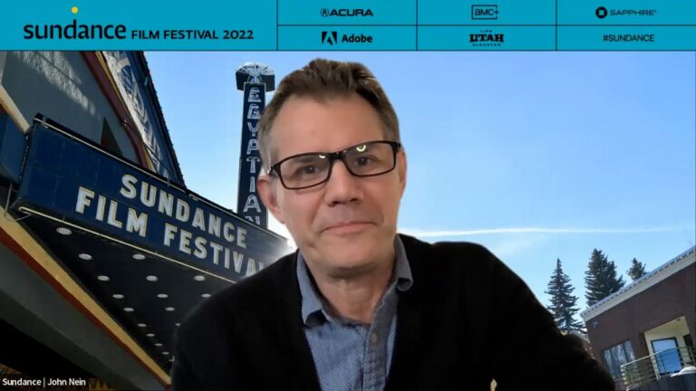 Man in eyeglasses superimposed in front of a Sundance Film Festival marquee in Park City