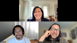 A screenshot of a panel discussion via Zoom with two directors on the bottom (Kogonada and Justin Chon) and moderator Kim Utani at the top