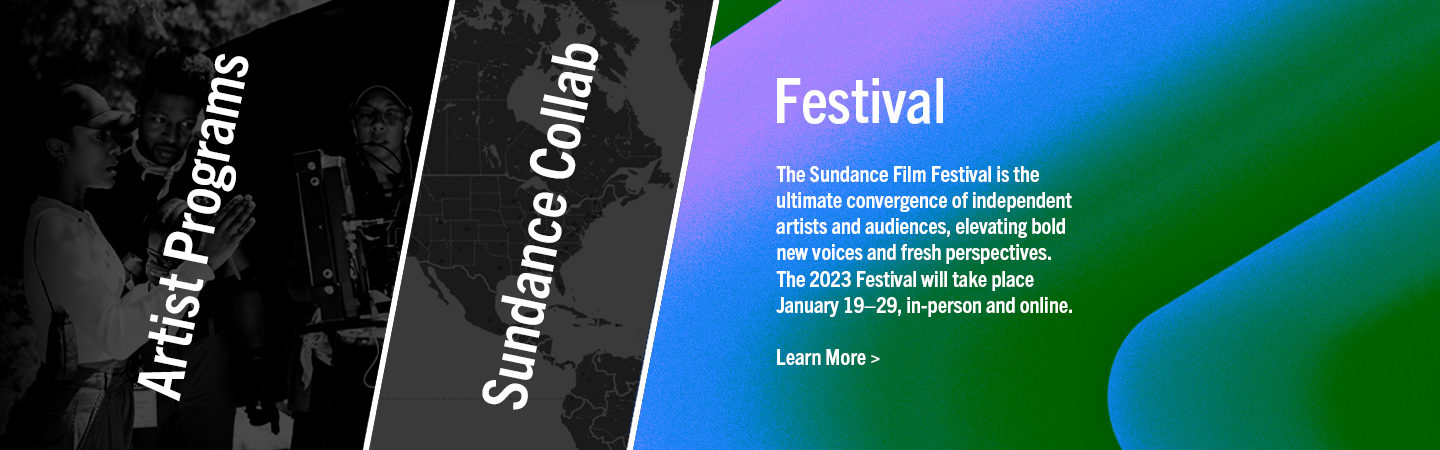 people in a theater looking towards the screen. Text reads: The Sundance Film Festival is the ultimate convergence of independent artists and audiences, elevating bold new voices and fresh perspectives.