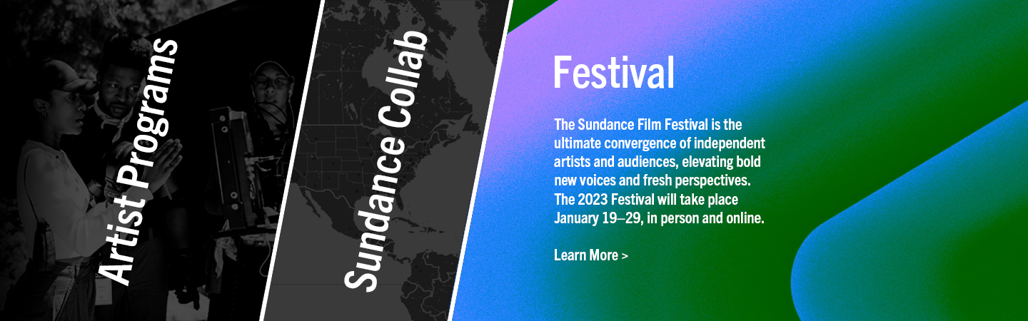people in a theater looking towards the screen. Text reads: The Sundance Film Festival is the ultimate convergence of independent artists and audiences, elevating bold new voices and fresh perspectives.