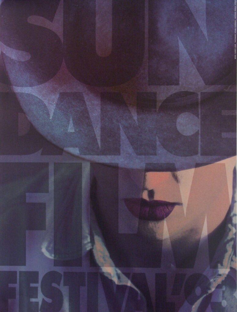 Poster with the words "Sundance Film Festival '93" in purple, over the face of a woman wearing a lighter purple hat, only the lower half of her face showing. She is wearing purple-hued lipstick.