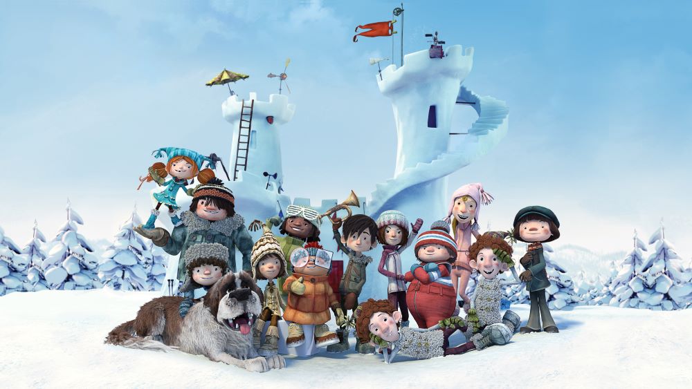 Still of characters in animation: 13 children bundled in winter clothing, most looking very excited, and a large panting dog in front of a fort made of snow and a row of snow-covered trees, all on a snowy white landscape