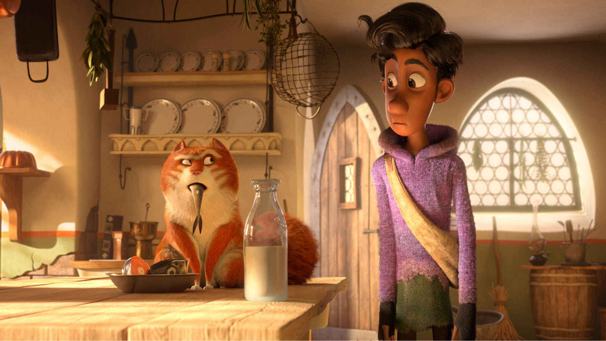 An animated still of an orange cat with a fish in his mouth looking next to a black-haired boy in a purple sweater. A carafe of milk sits on the table in front of them.