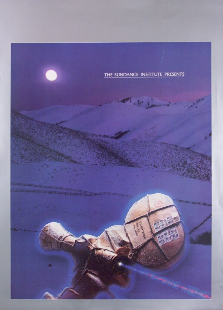 A movie camera tightly wrapped in a beige-ish covering, juxtaposed against a purple-tinged background of snowy hills and sky with a bright moon. Printed: The Sundance Institute Presents U.s. Film Festival Park City Utah" and a zip code