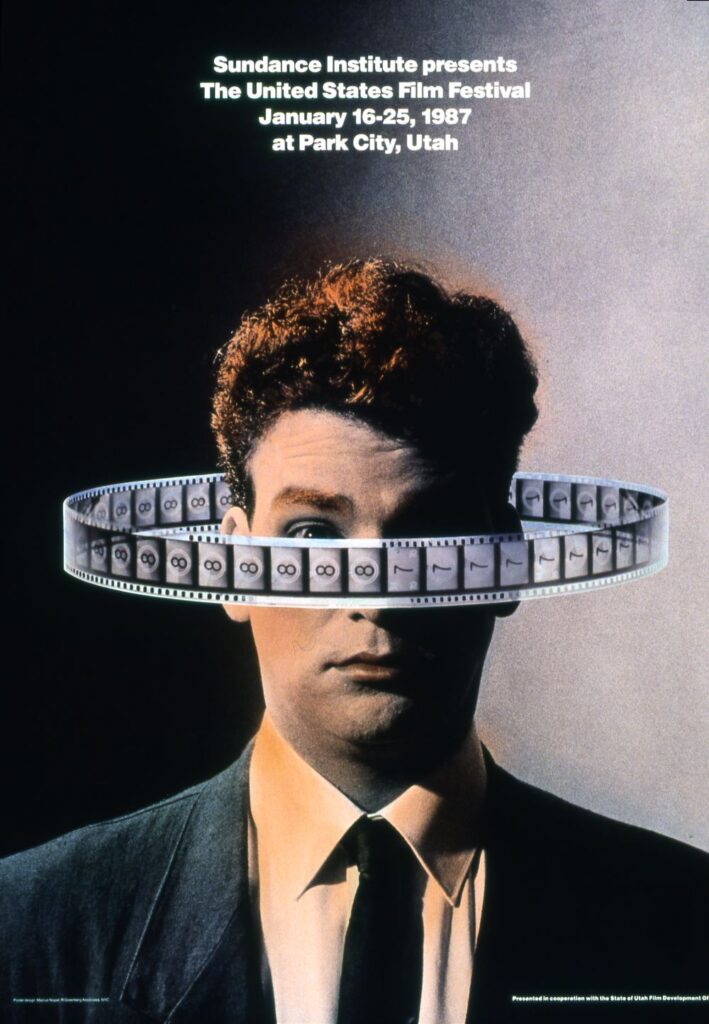 Head and shoulders drawing of a man with curly hair, wearing a suit coat and tie, with a reel of film circling around his face. Printed at top: "Sundance Institute presents The United States Film Festival January 16-25, 1987 at Park City, Utah