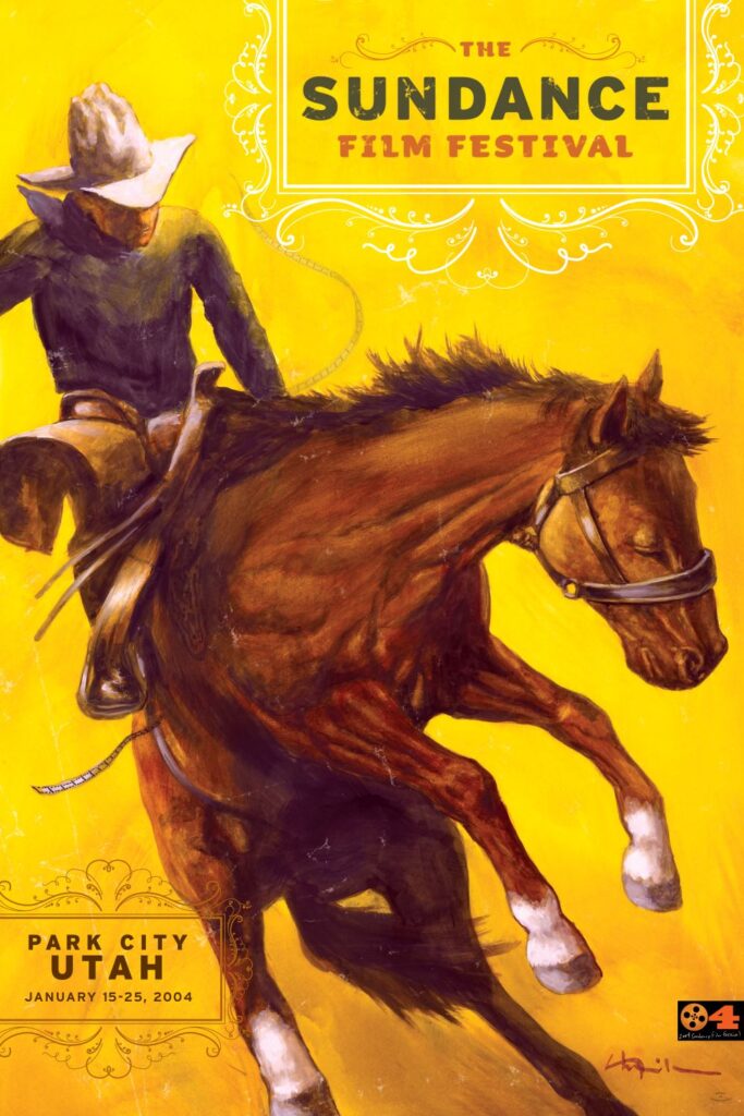 A cowboy rides a bucking bronc on a yellow poster with the words "The Sundance Film Festival" at the top and "Park City Utah January 15-25" at the bottom.