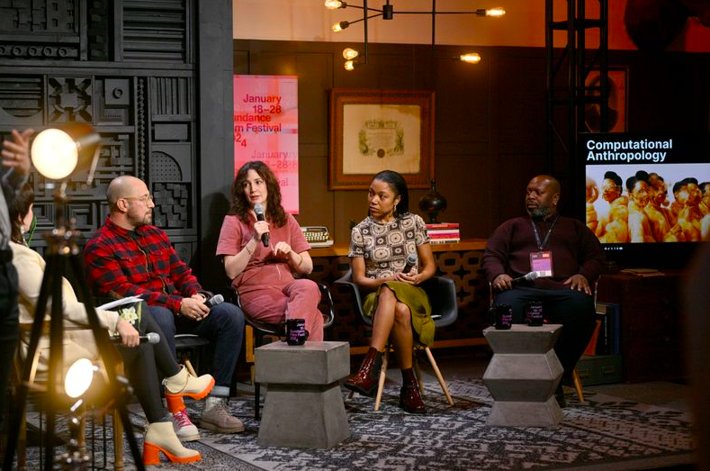 (L-R) Navid Khonsari, Amelia Winger-Bearskin, Ari Melenciano, and Rashaad Newsome talking tech. (Photo by Stephen Greathouse/Shutterstock for Sundance)