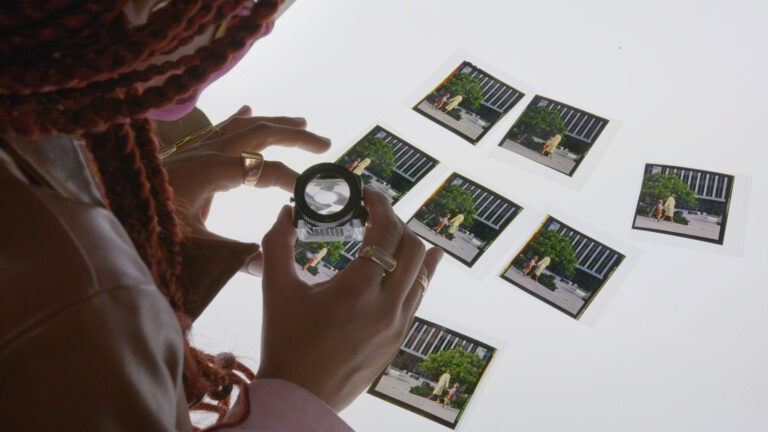 A woman examines print photographs that are spread out on a white table to try and find the face behind Mavis Beacon Teaches Typing