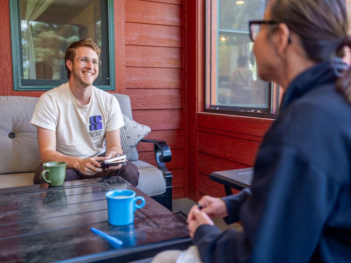 Documentary Producers Lab fellow Elijah Stevens discusses his 'Untitled Science Project' with creative advisor Diane Quon. Photo by Lance Roth