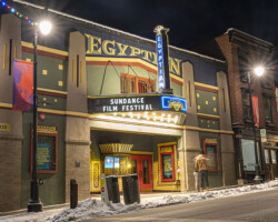The iconic Egyptian Theatre in Park City, UT, during the 2021 Sundance Film Festival. Photographer: Miguel Mendoza