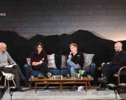 John Horn, Sydney Freeland, President and Founder Robert Redford, and David Lowery during the 2017 Sundance Film Festival Press Conference. Photographer: Stephen Speckman