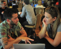 Producing fellow T Cooper discusses 'Man Made' with creative advisor Courtney Sexton. Photographer: Jonathan Hickerson