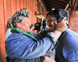 Director Radha Blank and Eduardo Mayen share a moment on set for 'The 40-Year-Old Version.' Photographer: Jonathan Hickerson