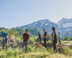 Crew members scout for shooting locations around the Sundance Mountain Resort. Photographer: Brandon Cruz