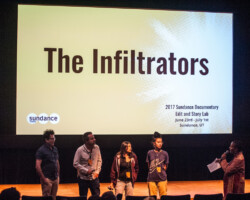 Documentary Film Program Director Tabitha Jackson (right) introduces the crew of 'The Infiltrators,' editor Aldo Velasco, directors Alex Rivera and Cristina Ibarra, and contributing editor Hajer Salem for a work in progress presentation. Photographer: Jonathan Hickerson
