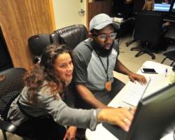 Director Naziha Arebi and contributing editor Rubin Daniels work on 'Freedom Fields.' Photographer: Jonathan Hickerson