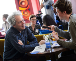 'Marjorie Prime' director Michael Almereyda speaks with press in the Dropbox Members Bar. Photographer: Joanne Davidson