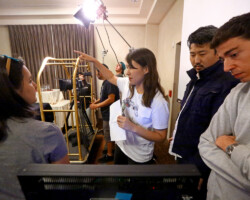 Directors Erin Lau and Shaandiin Tome along with creative advisors Andrew Ahn and Bernardo Britto during the 2017 Native Filmmakers Lab. Photographer: Babak Dowlatshahi