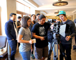Director Erin Lau, creative advisor Blackhorse Lowe, and Full Circle fellow Jesse Littlebird on the set of 'The Moon & The Night.' Photographer: Babak Dowlatshahi
