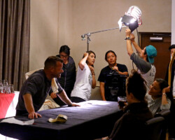 Director Shaandiin Tome and creative advisor Blackhorse Lowe on the set of 'Mud (Hastl'ishnii).' Photographer: Babak Dowlatshahi