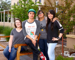 Full Circle fellows Kayla Bell, Jesse Littlebird, Ashley Browning, and Charine Gonzales during the 2017 Native Filmmakers Lab. Photographer: Babak Dowlatshahi