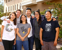 Fellows Shaandiin Tome and Erin Lau (left) with creative advisors Bernardo Britto, Andrew Ahn, Sydney Freeland, and Blackhorse Lowe. Photographer: Babak Dowlatshahi