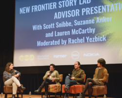 New Frontier Public Programs Manager Rachel Yezbick and creative advisors Suzanne Anker, Scott Snibbe, and Lauren McCarthy during the 2017 New Frontier Story Lab Advisor Presentation. Photographer: Brandon Cruz