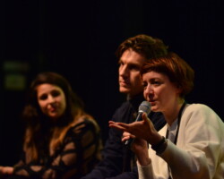 Artists Callum Cooper and Amelia Winger-Bearskin discuss their project 'POW' during the 2017 New Frontier Story Lab. Photographer: Jonathan Hickerson