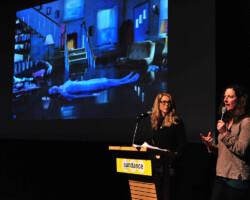 Artists Charlotte Stoudt and Laura Wexler present their project 'The Incident VR Series (Dinner Party, Eps 1).' Photographer: Jonathan Hickerson