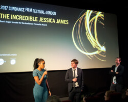 Actor Jessica Williams speaks at a Q&A session with 'The Incredible Jessica James' director Jim Strouse and Director of Programming Trevor Groth. Photographer: Joanne Davidson