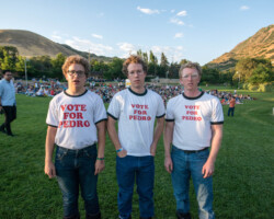 Guests participate in a 'Napoleon Dynamite' dance contest before the free Summer Film Series screening at the Red Butte Garden Amphitheatre. Photographer: Jonathan Hickerson