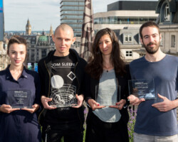 SundanceTV Global Shorts Competition award winners Dora Achour, Tomasz Popakul, Isabelle Nouzha, and Adrià Pagès. Photographer: Joanne Davidson