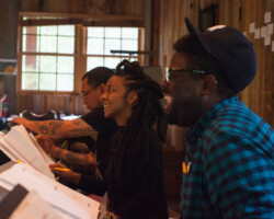 Felix Solis, Marsha Stephanie Blake, and Neil Tyrone Pritchard rehearse Paola Lazaro and Chay Yew's 'There's Always the Hudson.' Photographer: Jonathan Hickerson