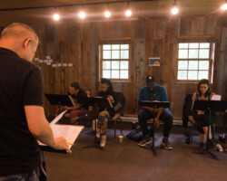 Director Chay Yew and actors Felix Solis, Kara Young, Neil Tyrone Pritchard, and Emma Ramos during the 'There's Always the Hudson' rehearsal. Photographer: Jonathan Hickerson
