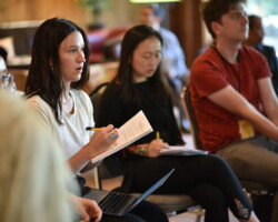 Producing fellow and Mark Silverman Honoree Traci Carlson of 'Wolf in White Van' takes notes at a pitching session. Photographer: Brandon Cruz