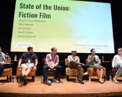 Elissa Federoff (second from right) speaks at the Creative Producing Summit with a panel of fellow creative advisors Jessica Lacy, Glen Basner, Ian Bricke, Keith Calder, and Kim Roth. Photographer: Fred Hayes