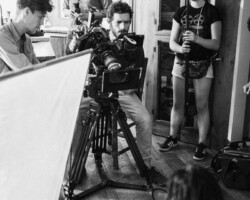 Christopher Chrisenberry, director/screenwriter Lyle Mitchell Corbine Jr., Eli Born, Emily Mcney, and actor Jay Tavare on the set of 'Wild Indian.' Photographer: Jen Fairchild