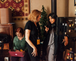 Creative advisor Lesli Linka Glatter and director/screenwriter Amirah Tajdin on the set of 'Hawa Hawaii.' Photographer: Jen Fairchild