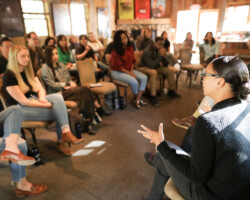 Industry Mentor Deniese Davis speaks to fellows at the 2018 Episodic Story Lab. Photographer: Jen Fairchild