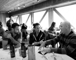 'Rock the Boat' fellows Joshua Kirby and Jonathan Veles meet with Industry Mentor Peter Friedlander. Photographer: Jen Fairchild