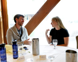 Industry Mentor Jacob Robinson speaks with 'Stubs' fellow Lindsay Golder. Photographer: Jen Fairchild