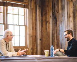 Creative advisor Zach Sklar with 'Thomas in 10 Dimensions' fellow Jakob Rorvik at the 2018 January Screenwriters Lab. Photographer: Brandon Cruz