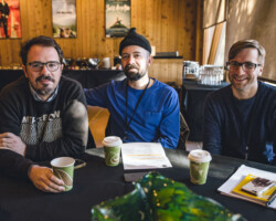 'Wolf in White Van' fellows Ben Collins, Andrew Bruntel, and Luke Piotrowski at the 2018 January Screenwriters Lab. Photographer: Brandon Cruz