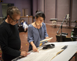 Peter Golub, Director of the Film Music Program, in a scoring session with composer Amit Cohen of 'Kids.' Photographer: Brandon Joseph Baker