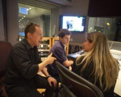Creative advisor Mark Isham, director Daniel Hymanson, and composer Christy Carew work on 'Queen of the Battling Butterfly Brigade.' Photographer: Brandon Joseph Baker