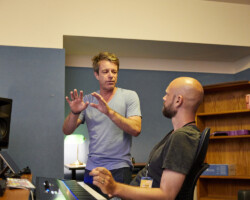 Creative advisor Harry Gregson-Williams works with composer Rasmus Zwicki on 'Two Gods.' Photographer: Rob Williamson