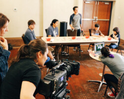 Director Erica Tremblay with Jazmin Harvey behind the camera on the set of 'Little Chief' during the 2018 Native Filmmakers Lab. Photographer: Tytianna Harris