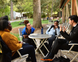 Industry mentor Moira Griffin, artists Sade Dinkins and Stephanie Dinkins, and creative advisor Nick Fortugno discuss 'Not the Only One.' Photographer: Brandon Cruz