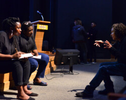 Shariffa Chelimo Ali and Yetunde Dada discuss their project 'Evolve | Revolve' with Shari Frilot, Chief Curator of the New Frontier program. Photographer: Jonathan Hickerson
